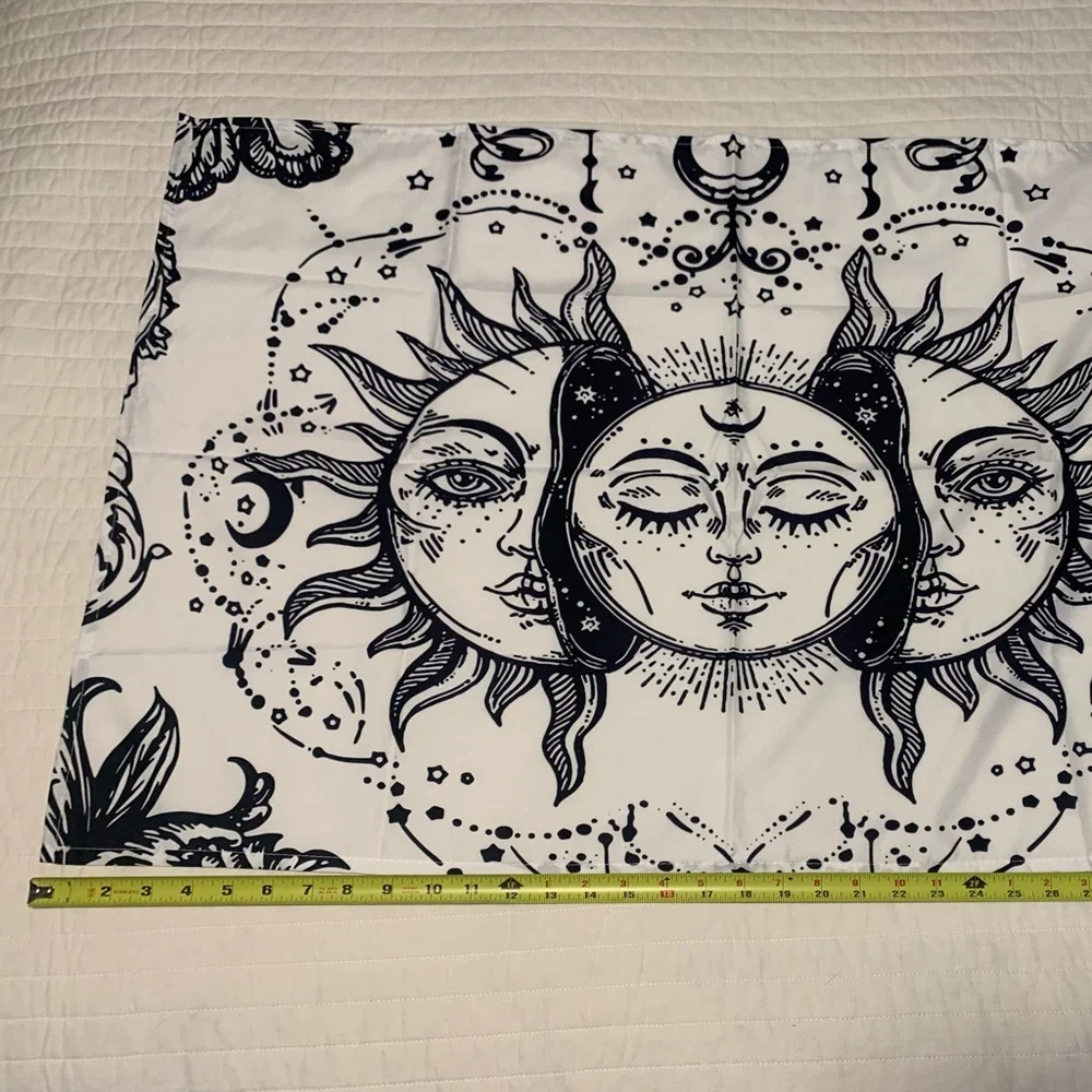 White And Black Tapestry Moon Plases Sun Solar Face Star Floral Ray Eclipse Half